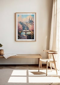 City view with fountain, cherry blossoms and cathedral in soft pastel tones-8