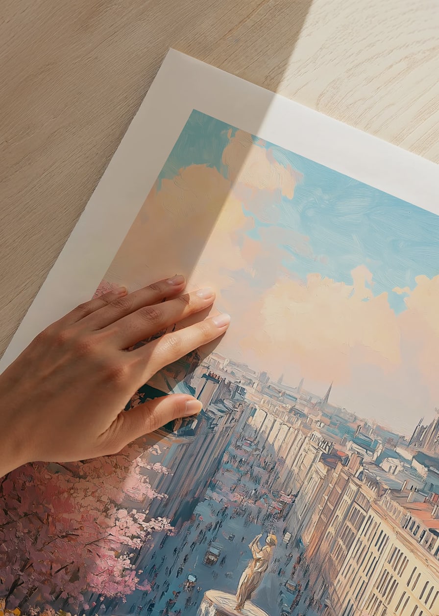City view with fountain, cherry blossoms and cathedral in soft pastel tones-12