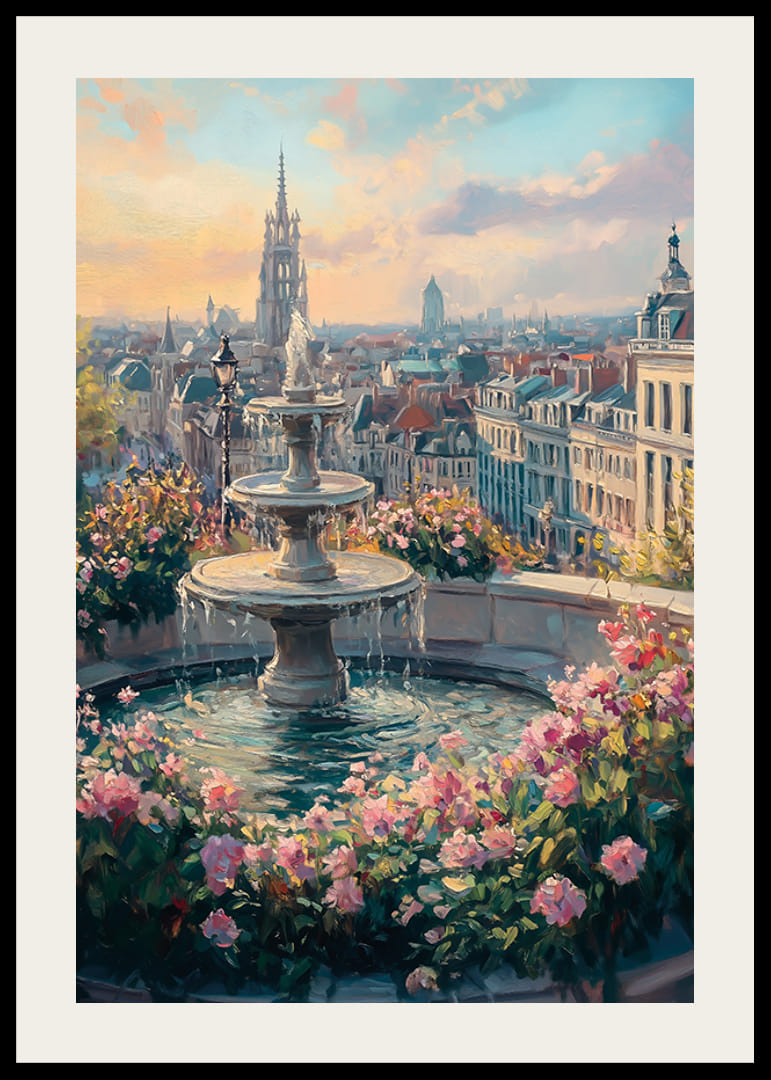 Oil painting of fountain surrounded by flowers and city skyline-12