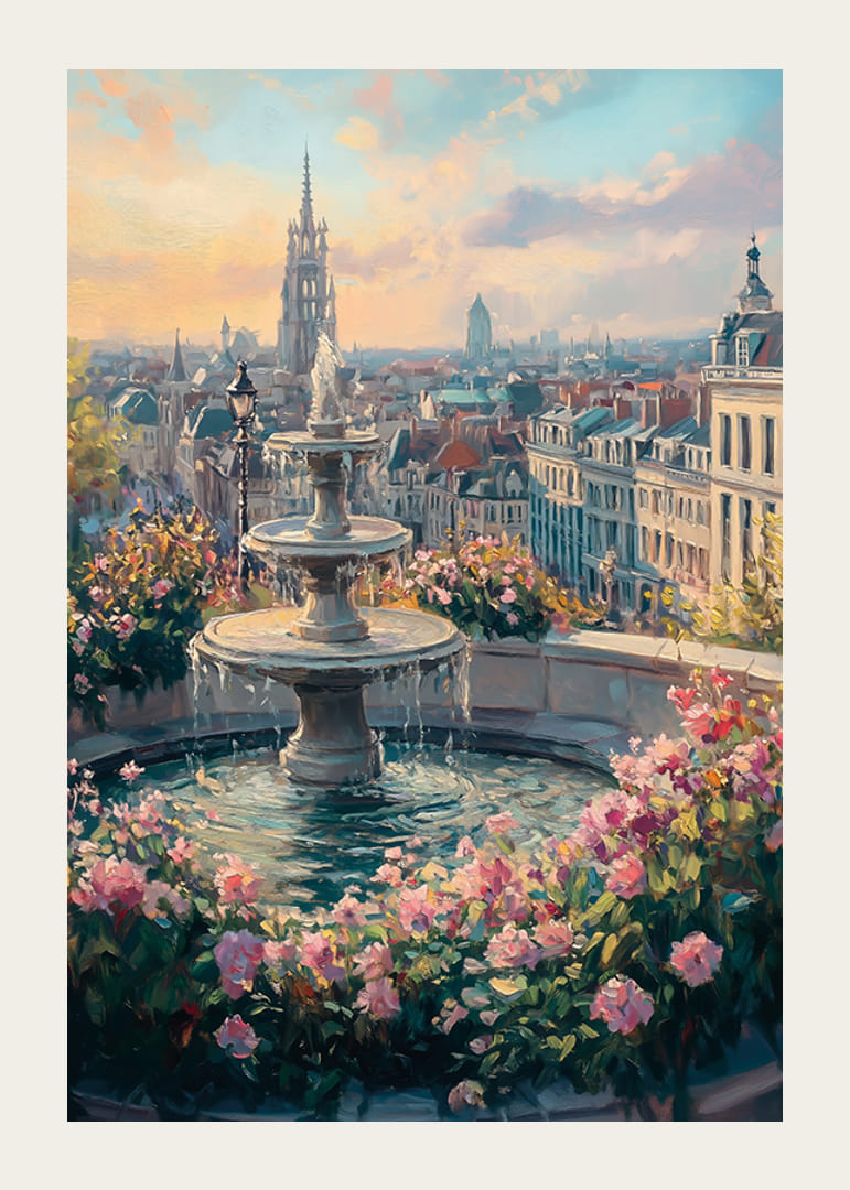 Oil painting of fountain surrounded by flowers and city skyline-12