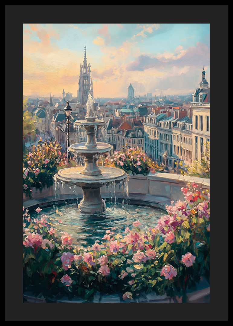 Oil painting of fountain surrounded by flowers and city skyline-12