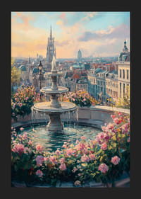 Oil painting of fountain surrounded by flowers and city skyline-5