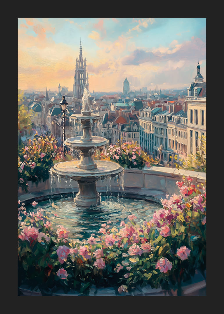 Oil painting of fountain surrounded by flowers and city skyline-12