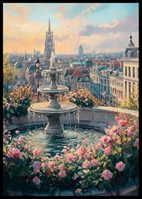 Oil painting of fountain surrounded by flowers and city skyline-6
