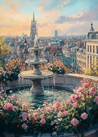 Oil painting of fountain surrounded by flowers and city skyline-7