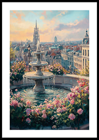 Oil painting of fountain surrounded by flowers and city skyline-0