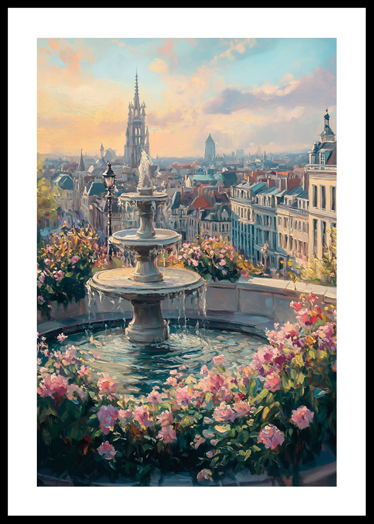Oil painting of fountain surrounded by flowers and city skyline-12