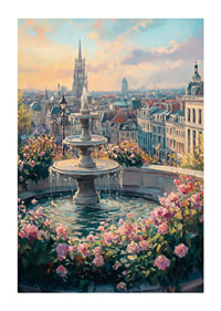 Oil painting of fountain surrounded by flowers and city skyline-1