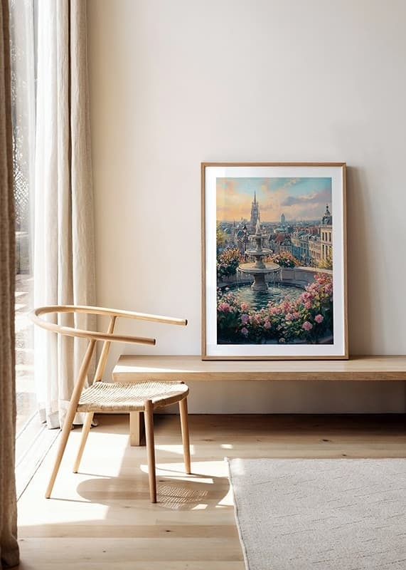 Oil painting of fountain surrounded by flowers and city skyline-12