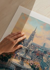 Oil painting of fountain surrounded by flowers and city skyline-9