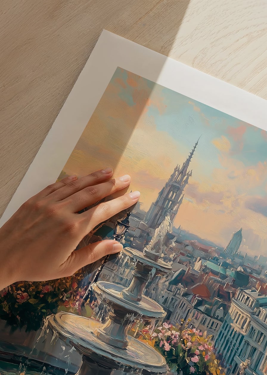 Oil painting of fountain surrounded by flowers and city skyline-12