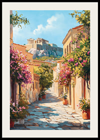 Oil-painted alley in Plaka with floral splendor and the Acropolis-2