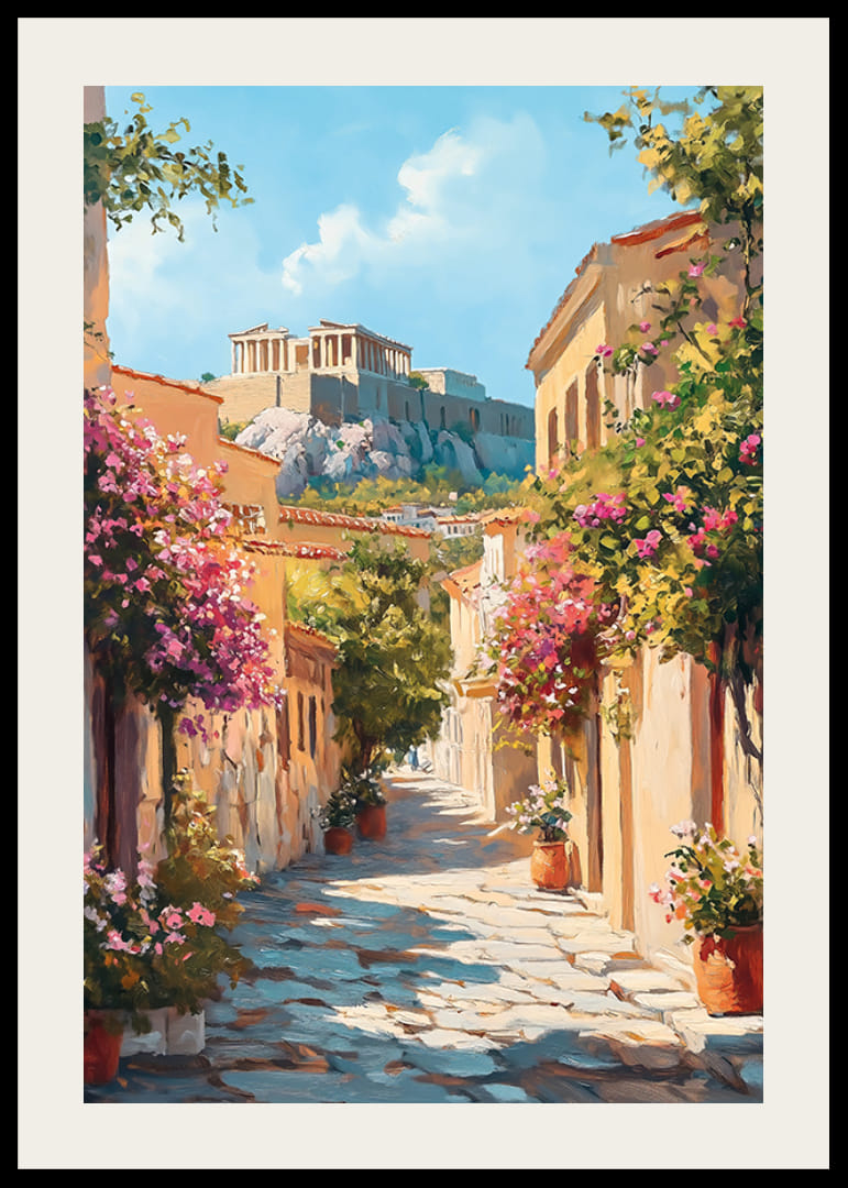 Vicolo dipinto a olio a Plaka con splendore floreale e l'Acropoli-12
