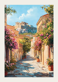 Vicolo dipinto a olio a Plaka con splendore floreale e l'Acropoli-3