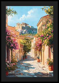Oil-painted alley in Plaka with floral splendor and the Acropolis-4