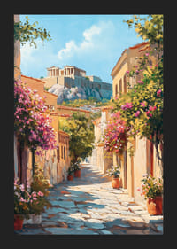 Vicolo dipinto a olio a Plaka con splendore floreale e l'Acropoli-5