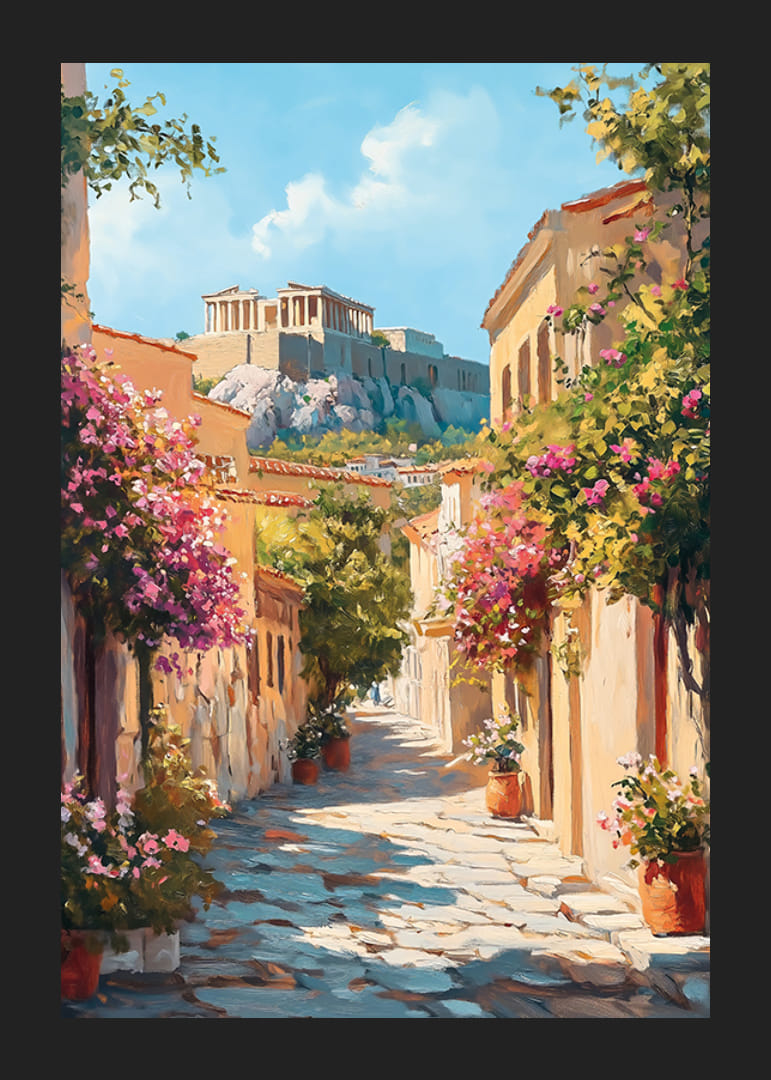 Vicolo dipinto a olio a Plaka con splendore floreale e l'Acropoli-12