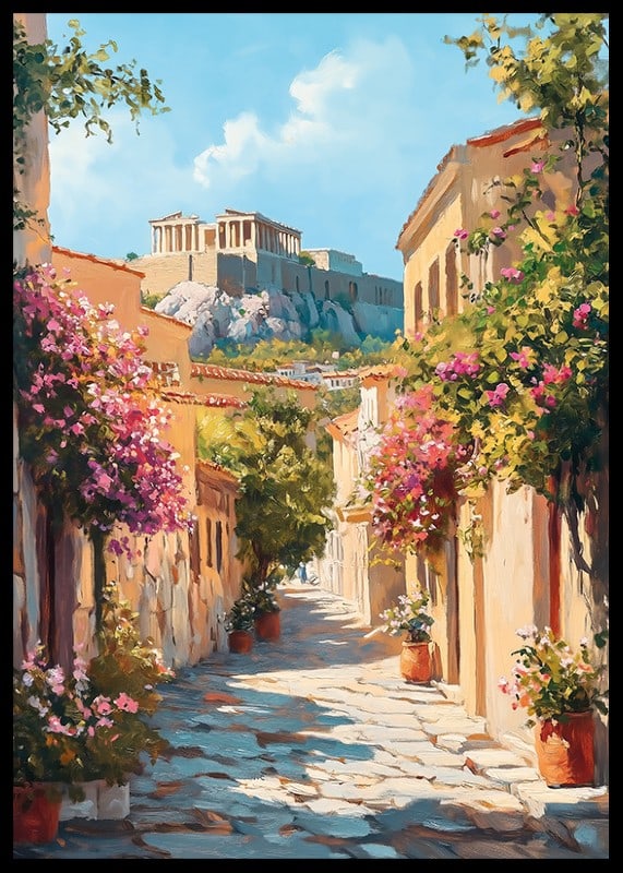 Oil-painted alley in Plaka with floral splendor and the Acropolis-12