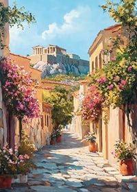 Oil-painted alley in Plaka with floral splendor and the Acropolis-7