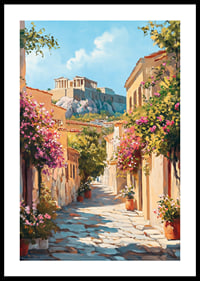 Oil-painted alley in Plaka with floral splendor and the Acropolis-0