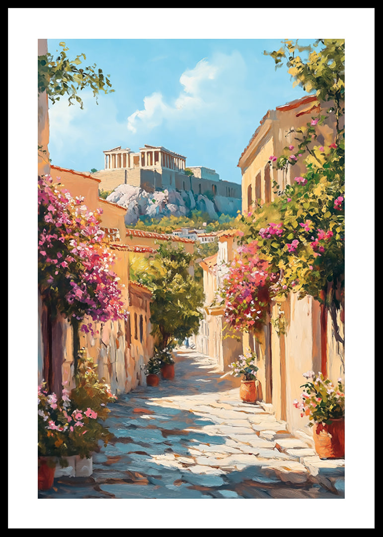 Oil-painted alley in Plaka with floral splendor and the Acropolis-12