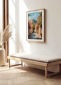 Oil-painted alley in Plaka with floral splendor and the Acropolis-8