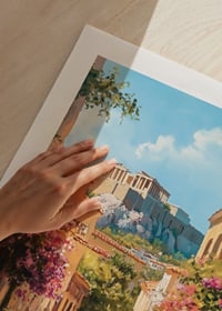 Oil-painted alley in Plaka with floral splendor and the Acropolis-9