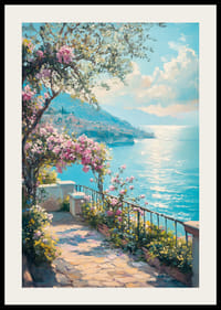 Paisaje costero pintado al óleo con buganvillas y mar azul.-2