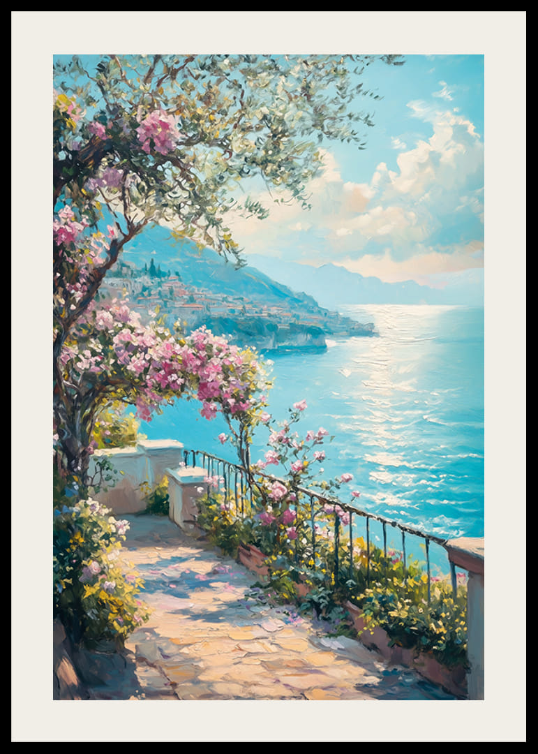 Paisaje costero pintado al óleo con buganvillas y mar azul.-12