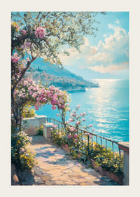 Paisaje costero pintado al óleo con buganvillas y mar azul.-3