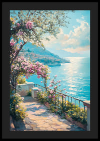 Paisaje costero pintado al óleo con buganvillas y mar azul.-4