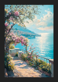 Paisaje costero pintado al óleo con buganvillas y mar azul.-5