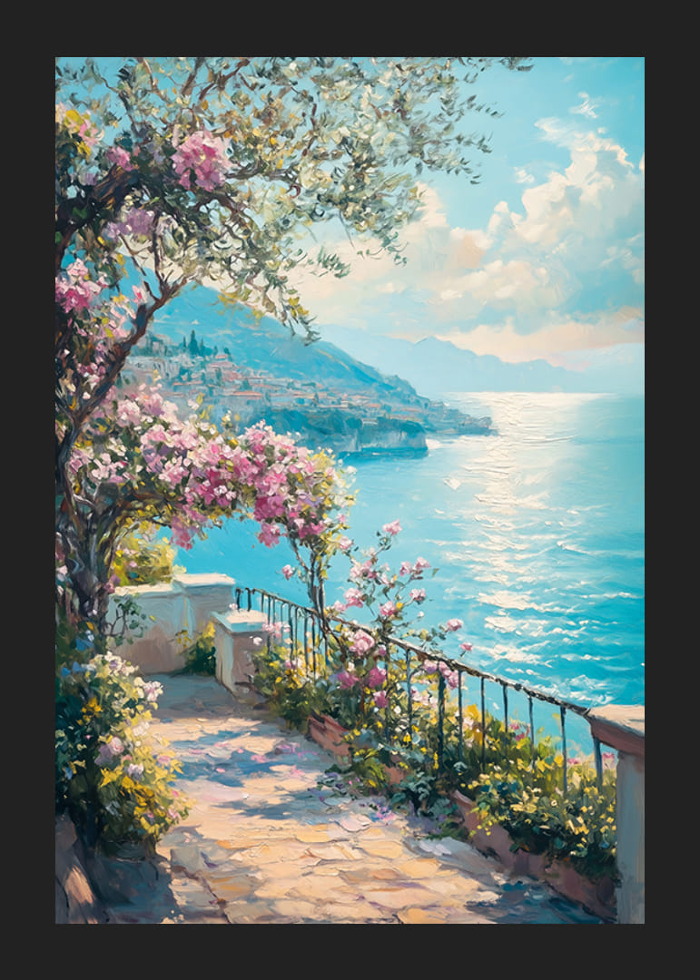 Paisaje costero pintado al óleo con buganvillas y mar azul.-12