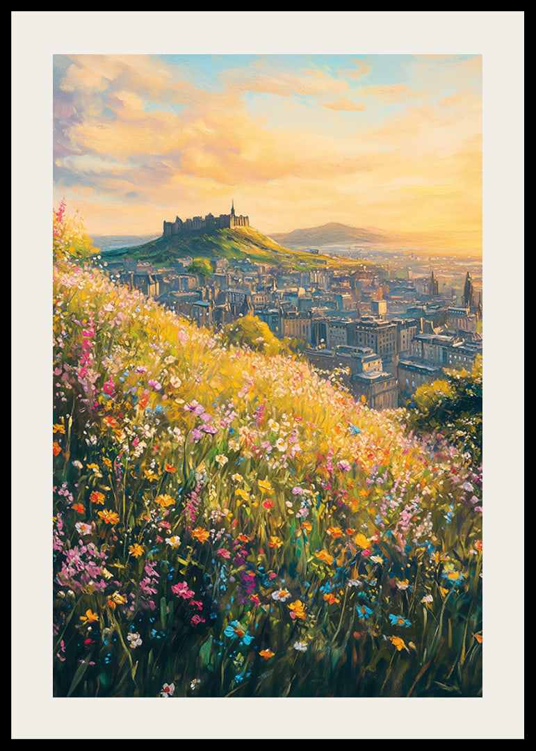 Oil painting of meadow flowers and Edinburgh Castle at sunset-12