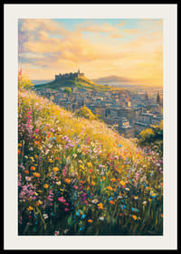Oljemålning av ängsblommor och Edinburgh-slott i solnedgång-2