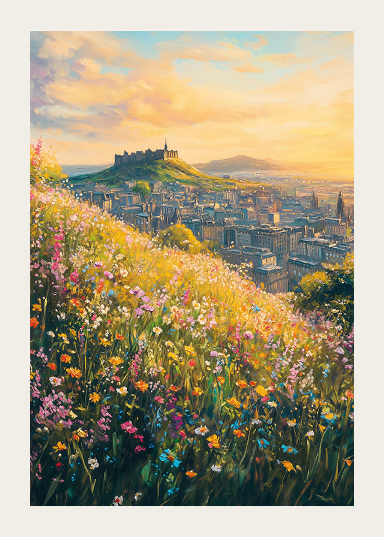 Oljemålning av ängsblommor och Edinburgh-slott i solnedgång-12