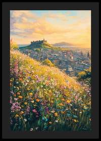 Oljemålning av ängsblommor och Edinburgh-slott i solnedgång-4
