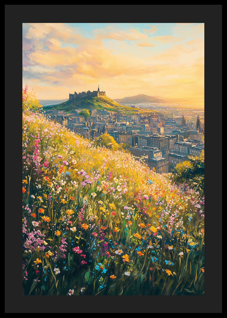 Oljemålning av ängsblommor och Edinburgh-slott i solnedgång-12