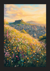 Oljemålning av ängsblommor och Edinburgh-slott i solnedgång-5