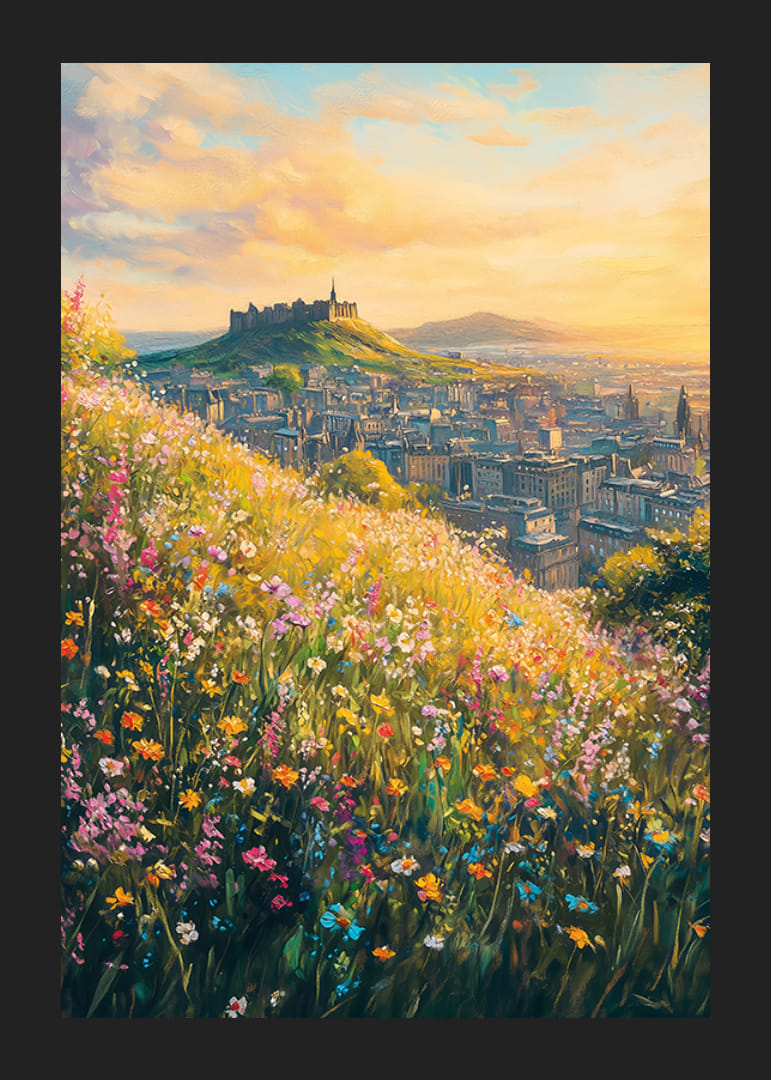 Oljemålning av ängsblommor och Edinburgh-slott i solnedgång-12