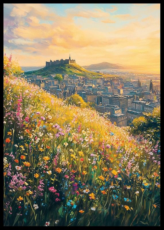 Un poster care unește florile sălbatice și castelul emblematic din Edinburgh într-un apus de soare auriu-12
