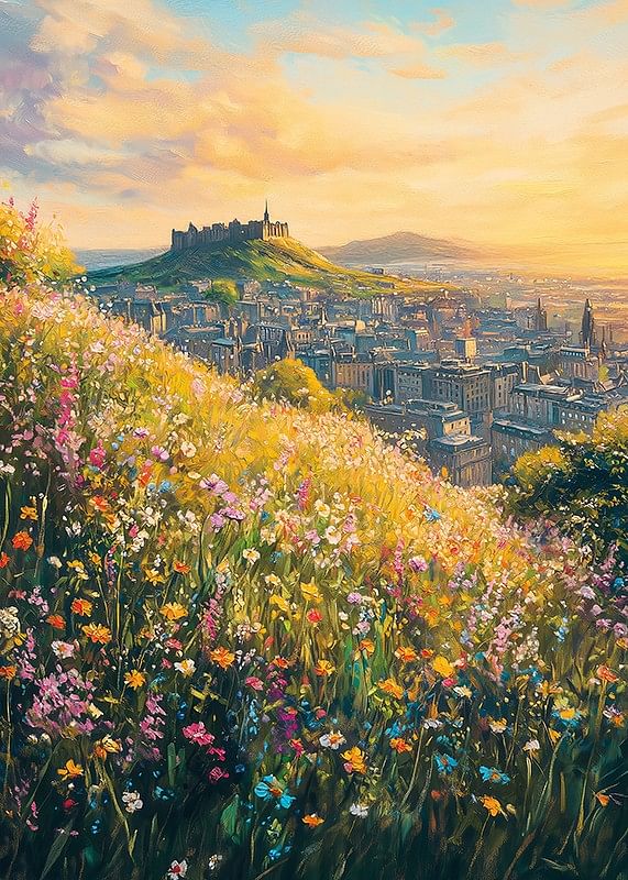 Un poster care unește florile sălbatice și castelul emblematic din Edinburgh într-un apus de soare auriu-12