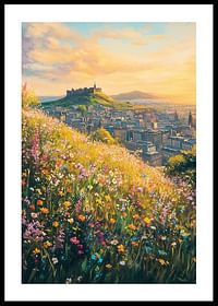 Un poster care unește florile sălbatice și castelul emblematic din Edinburgh într-un apus de soare auriu-0
