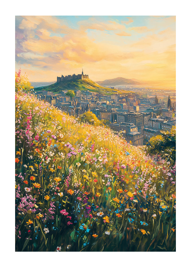 Oil painting of meadow flowers and Edinburgh Castle at sunset-12