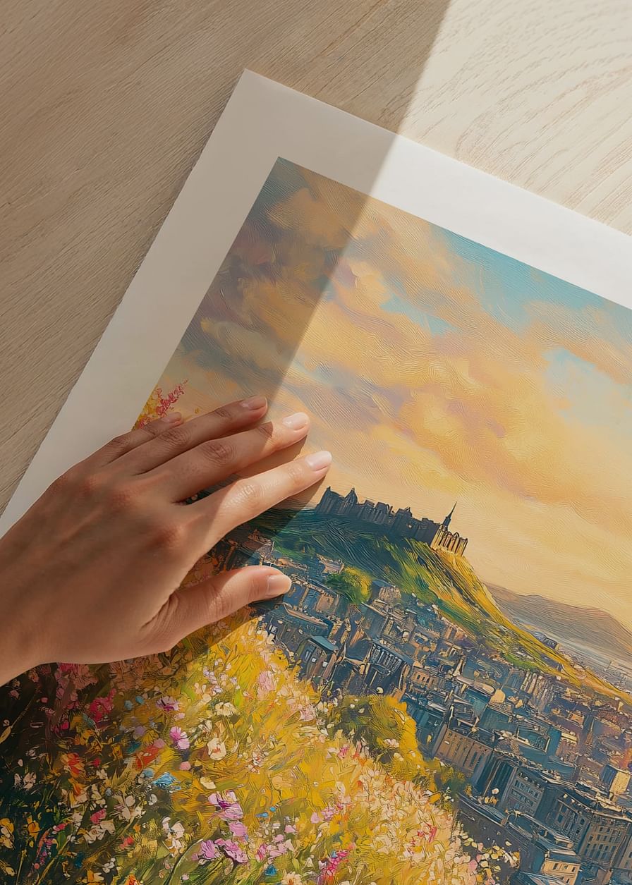Un poster care unește florile sălbatice și castelul emblematic din Edinburgh într-un apus de soare auriu-12