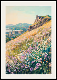 Oil painting of floral hillside with city and mountains in the background-2