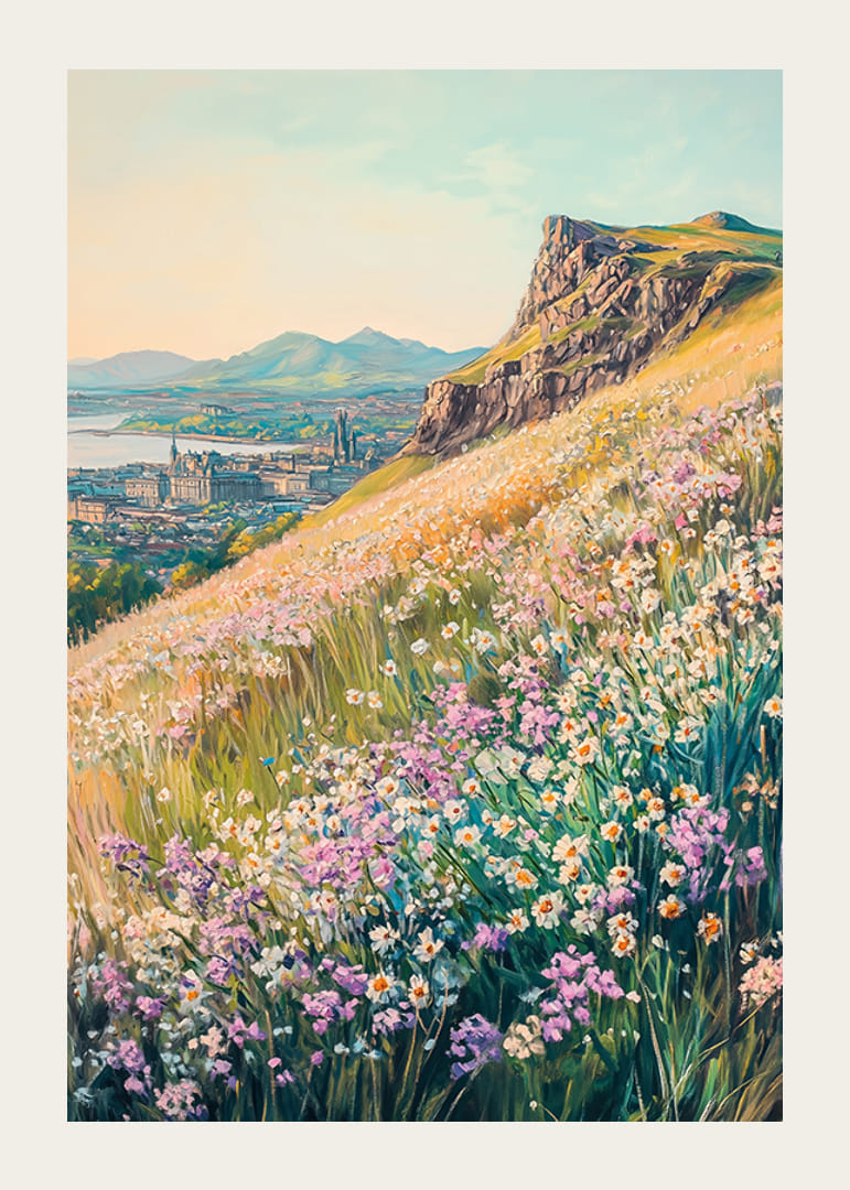 Oil painting of floral hillside with city and mountains in the background-12