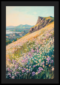 Oil painting of floral hillside with city and mountains in the background-4
