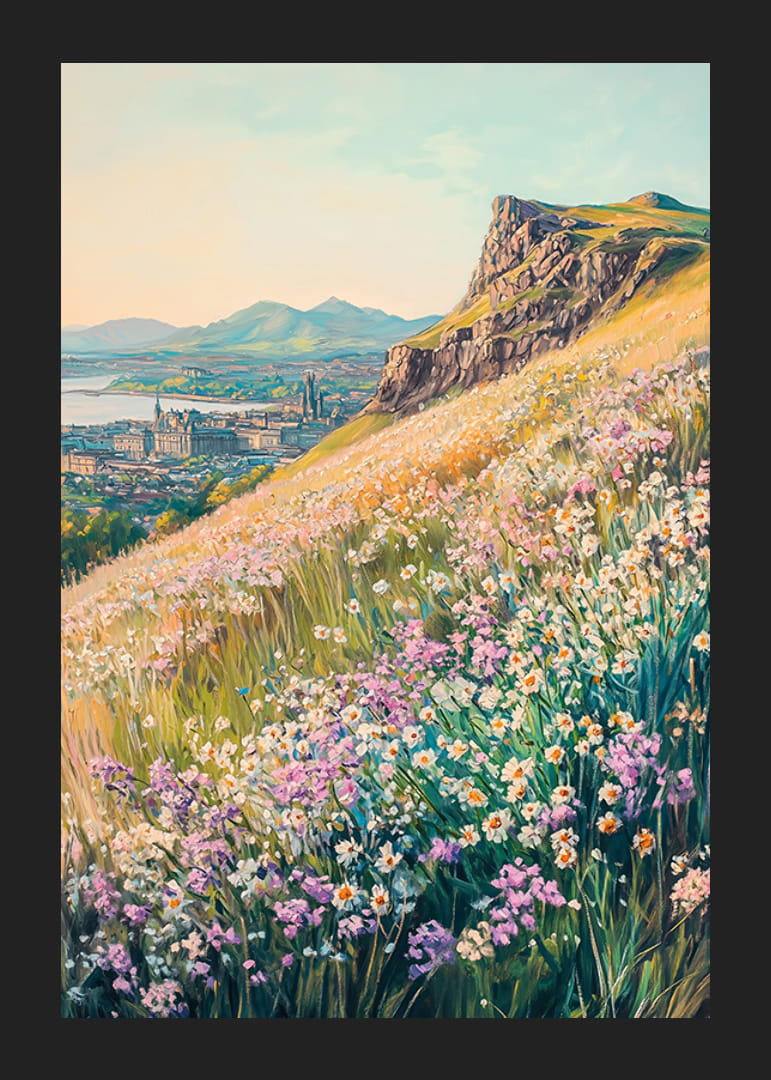 Oil painting of floral hillside with city and mountains in the background-12