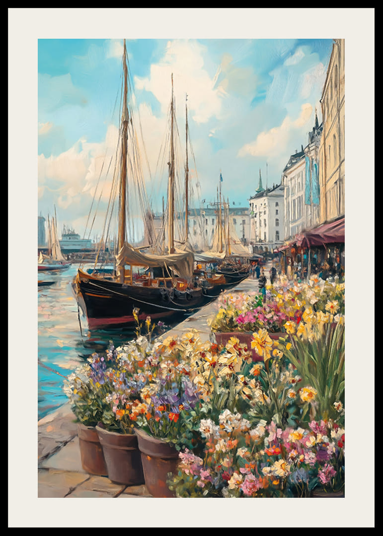 Oil-painted harbor view with sailboats and floral splendor-12